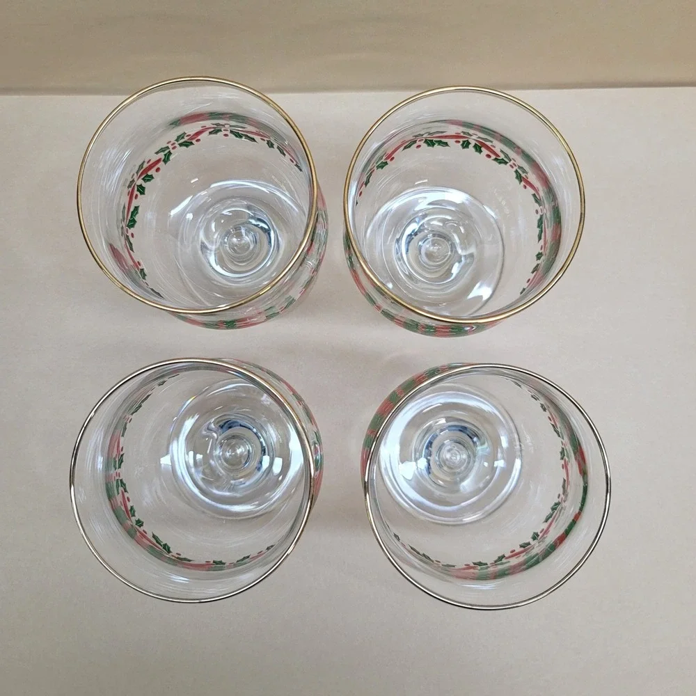 Libbey Christmas Holly Ribbon Gold Rim Stemmed Dessert/Coupe Glasses Set of 4